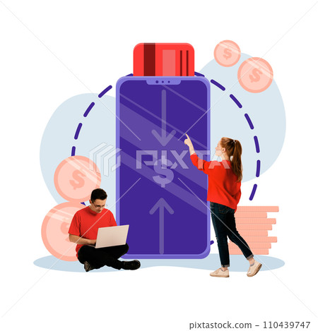 Contemporary art collage. Currency exchange. Young woman and man working online and all their savings in debt card. 110439747