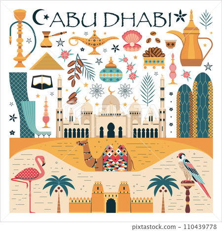 Abu Dhabi Travel Poster with UAE Symbols Abu Dhabi Travel Poster with UAE Symbols 110439778