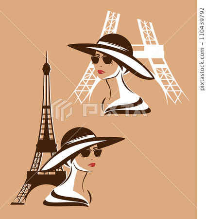 french style elegant woman wearing hat by eiffel tower vector fashion portrait 110439792