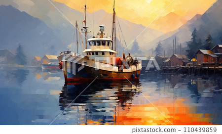 Oil painting style illustration of a fishing boat departing from the port AI image 110439859