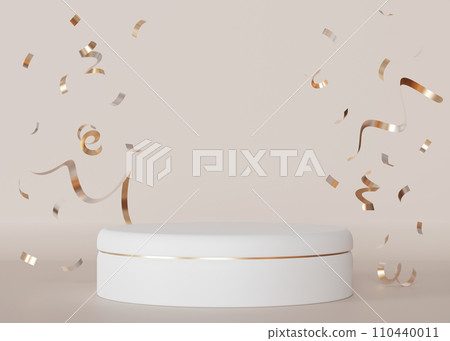 Elegant pedestal with golden confetti floating on a neutral background, perfect for product display, celebrations, and luxury presentations. Podium mockup. 3D render. Elegant pedestal with golden confetti floating on a neutral background, perfect for product display, celebrations, and luxury presentations. Podium mockup. 3D render. 110440011