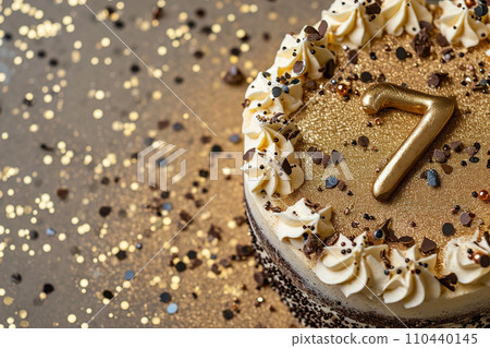 AI-generated content. Celebration cake with a glittering golden '7', perfect for a 7th birthday or anniversary. Shiny number seven. Bokeh lights, warm colors. Special event. Copy space for text 110440145