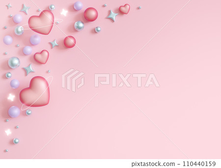 Cute, pink background with shiny stars, hearts, pearls and copy space. Valentines Day, Womans, Mothers Day backdrop. Empty space for text. Postcard, greeting card design. Pastel colors. Y2k style. 3D. Cute, pink background with shiny stars, hearts, pearls and copy space. Valentines Day, Womans, Mothers Day backdrop. Empty space for text. Postcard, greeting card design. Pastel colors. Y2k style. 3D. 110440159