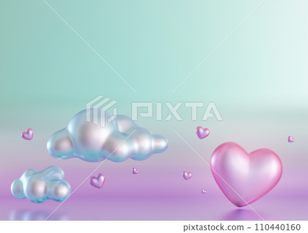 Surreal Y2K-style digital render featuring metallic clouds and floating hearts in a gradient of blue to violet, with ample copy space for text. 3D. 110440160