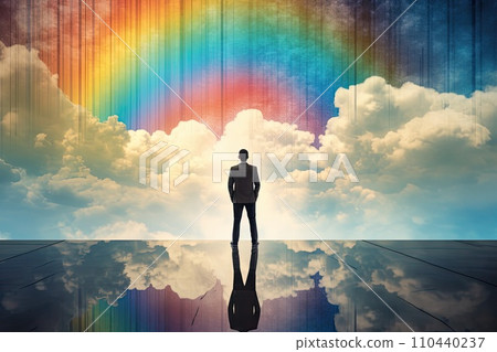 AI-generated content. man stand in front of colorful rainbow cloud good idea concept 110440237