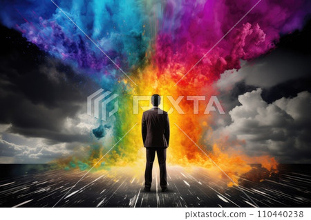AI-generated content. man stand in front of colorful rainbow cloud good idea concept AI-generated content. man stand in front of colorful rainbow cloud good idea concept 110440238