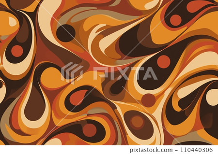 AI-generated content. A seamless pattern with a retro vibe, featuring swirls of brown hues, interspersed with bold dots, perfect for various design applications that demand a touch of vintage flair 110440306