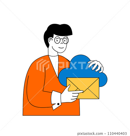 Cloud computing concept with cartoon people in flat design for web. Man sending email and storage business letters in cloud platform. Vector illustration for social media banner, marketing material. Cloud computing concept with cartoon people in flat design for web. Man sending email and storage business letters in cloud platform. Vector illustration for social media banner, marketing material. 110440403