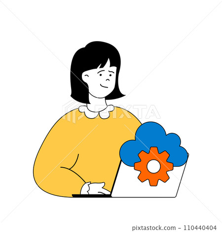 Cloud computing concept with cartoon people in flat design for web. Woman working with online documents, makes settings for backup. Vector illustration for social media banner, marketing material. 110440404