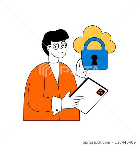 Cloud computing concept with cartoon people in flat design for web. Man using cloud storage platform with firewall data protection. Vector illustration for social media banner, marketing material. 110440409