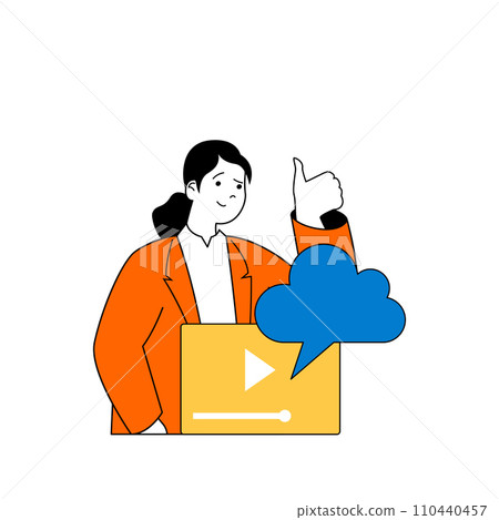 Cloud computing concept with cartoon people in flat design for web. Woman using online storage backup for video files and archives. Vector illustration for social media banner, marketing material. Cloud computing concept with cartoon people in flat design for web. Woman using online storage backup for video files and archives. Vector illustration for social media banner, marketing material. 110440457