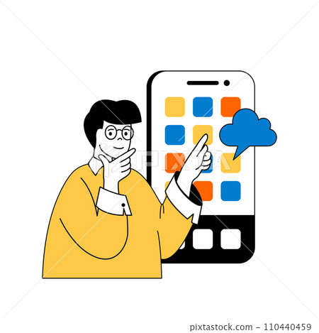 Cloud computing concept with cartoon people in flat design for web. Man using access to online storage backup data from mobile phone. Vector illustration for social media banner, marketing material. 110440459