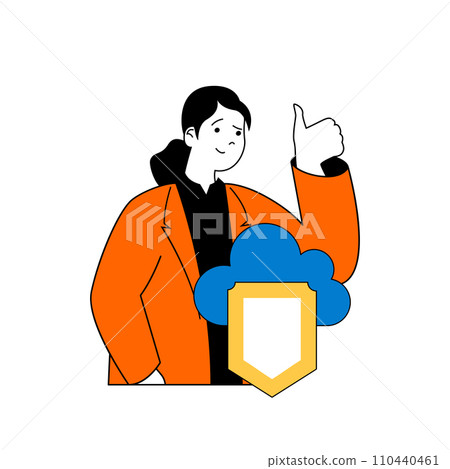 Cloud computing concept with cartoon people in flat design for web. Woman using online storage with protecting shield for user data. Vector illustration for social media banner, marketing material. 110440461