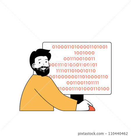Programming concept with cartoon people in flat design for web. Man creating product code, searching and fixing bugs before release. Vector illustration for social media banner, marketing material. 110440462