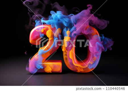 AI-generated content. Colorful number twenty with vibrant smoke on black background. Symbol 20. Invitation for a twentieth birthday party or business anniversary. Neon light and colors. Generative AI. 110440546