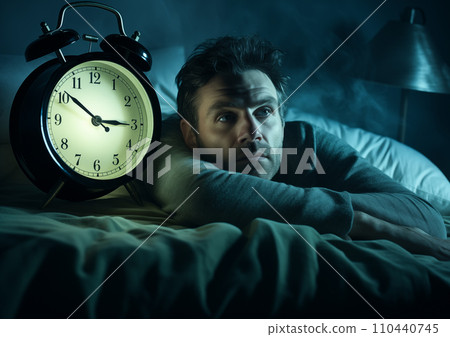 A man suffering from insomnia. Awake desperate unable to sleep. Generative Ai. 110440745