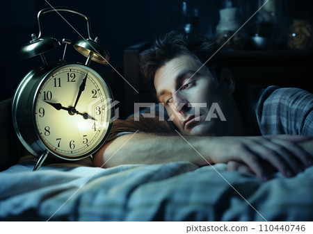 A man suffering from insomnia. Awake desperate unable to sleep. Generative Ai. 110440746
