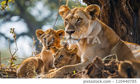 Female lion and cub resting in the shade of a tree 3 110440785