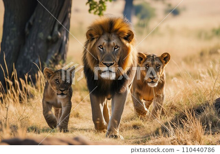 A lion family and cub walking leisurely across the grassland 110440786