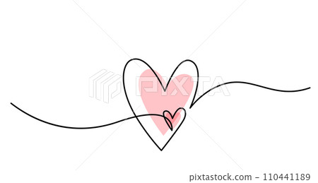 Two hearts in simple one line style and color shape love signs. Love background in continuous line drawing. Black and white linear minimal vector illustration. Valentines day banner, wedding card Two hearts in simple one line style and color shape love signs. Love background in continuous line drawing. Black and white linear minimal vector illustration. Valentines day banner, wedding card 110441189