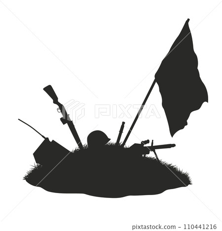 World war battlefield landscape. Isolated silhouette of warrior grave. Soldier mound with rifle, helmet and flag. WW2 battle scene World war battlefield landscape. Isolated silhouette of warrior grave. Soldier mound with rifle, helmet and flag. WW2 battle scene 110441216