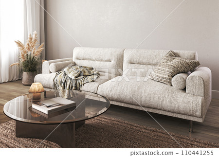 Spacious and modern living room with a textured sofa, cozy throw blanket, and round glass coffee table on a shag rug 110441255
