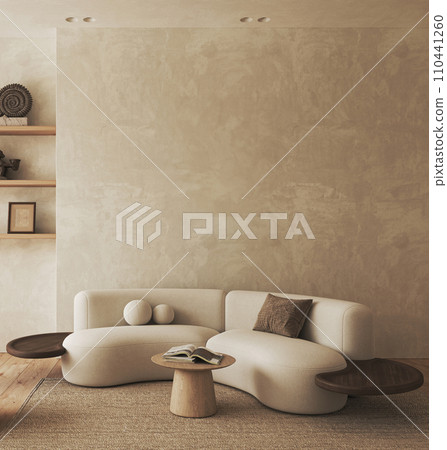 Stylish curved modern sofa in a minimalist living room setting with chic wooden side tables and soft rug Stylish curved modern sofa in a minimalist living room setting with chic wooden side tables and soft rug 110441260