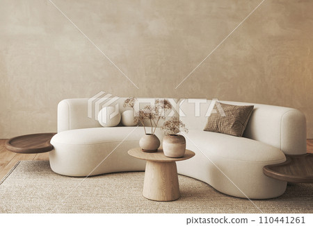 Elegantly curved modern sofa with decorative vases on a round coffee table in a minimalist interior design setting Elegantly curved modern sofa with decorative vases on a round coffee table in a minimalist interior design setting 110441261