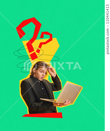 Young man, businessman emotionally looking on laptop with questioning face. Shocked news. Contemporary art collage. Young man, businessman emotionally looking on laptop with questioning face. Shocked news. Contemporary art collage. 110441413