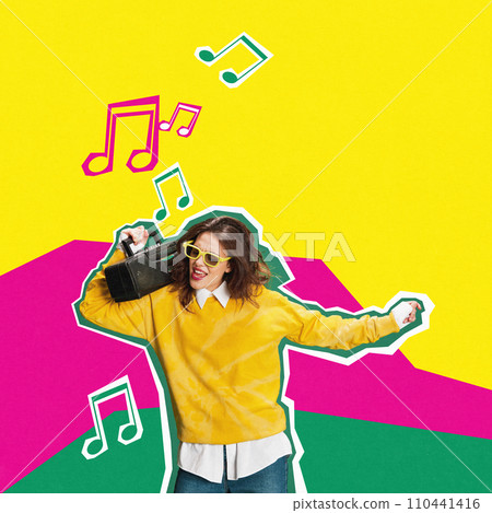 Young girl in sunglasses, casual stylish clothes listening to music with retro player over colorful background. Contemporary art collage. 110441416