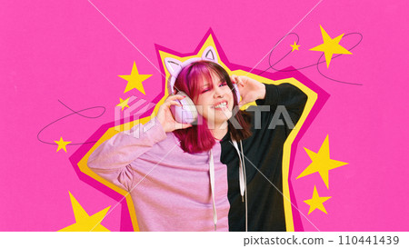 Young girl with colorful pink hair listening to music in headphones over bright background with stars. Contemporary art collage. Young girl with colorful pink hair listening to music in headphones over bright background with stars. Contemporary art collage. 110441439