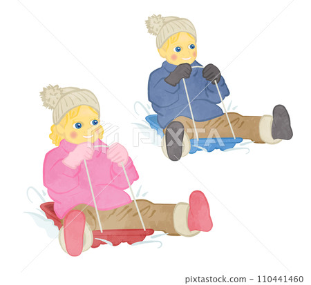可愛的男孩和女孩玩雪橇的插圖集 01 110441460