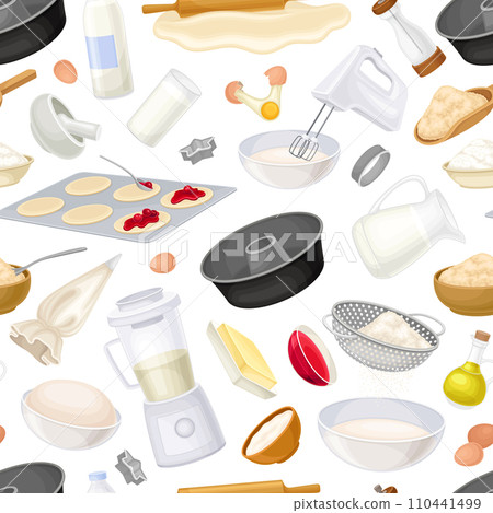 Baking Tool and Ingredients Seamless Pattern Design Vector Template 110441499