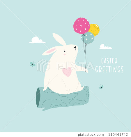 Vector holiday illustration in a flat style with cute rabbit and air balloons 110441742