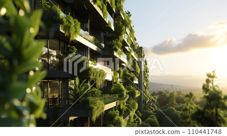 Modern and eco-friendly skyscrapers with many trees on each balcony,  Modern architecture, terraces with plants, Ai generated. 110441748