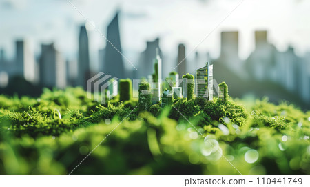 Green skyscraper building with plants in city ecology and green living in downtown, urban environment concept, AI generated. 110441749