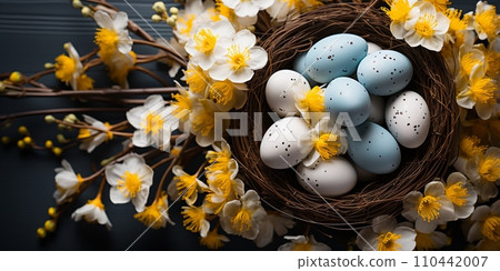 Easter holiday celebration banner greeting card banner - White yellow easter eggs in a bird nest basket and yellow daffodils flowers Easter holiday celebration banner greeting card banner - White yellow easter eggs in a bird nest basket and yellow daffodils flowers 110442007