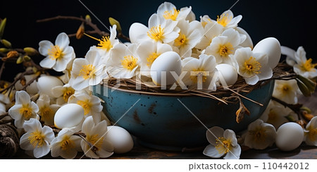 Easter holiday celebration banner greeting card banner - White yellow easter eggs in a bird nest basket and yellow daffodils flowers Easter holiday celebration banner greeting card banner - White yellow easter eggs in a bird nest basket and yellow daffodils flowers 110442012