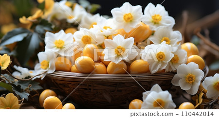 Easter holiday celebration banner greeting card banner - White yellow easter eggs in a bird nest basket and yellow daffodils flowers 110442014