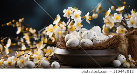 Easter holiday celebration banner greeting card banner - White yellow easter eggs in a bird nest basket and yellow daffodils flowers 110442018