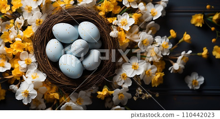 Easter holiday celebration banner greeting card banner - White yellow easter eggs in a bird nest basket and yellow daffodils flowers 110442023