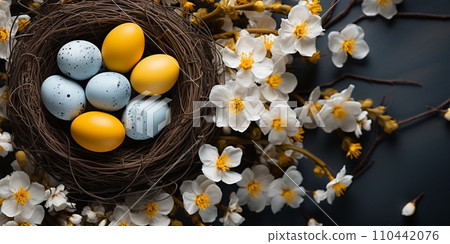 Easter holiday celebration banner greeting card banner - White yellow easter eggs in a bird nest basket and yellow daffodils flowers 110442076