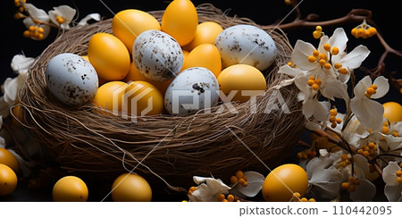 Easter holiday celebration banner greeting card banner - White yellow easter eggs in a bird nest basket and yellow daffodils flowers 110442095