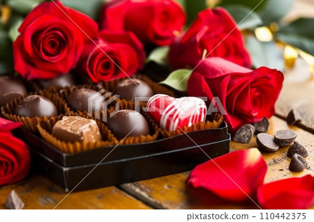 Heart shaped box of chocolate truffles with red roses. generative ai. Heart shaped box of chocolate truffles with red roses. generative ai. 110442375