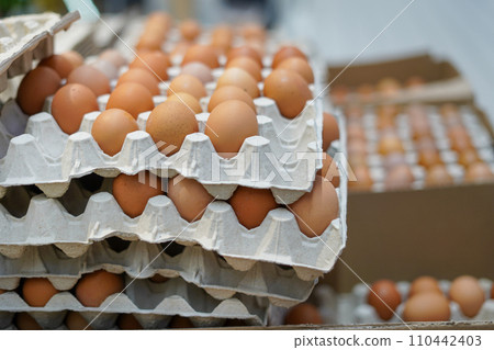 Farm eggs in egg carton boxes in the store. Eco Bio Organic Products Food 110442403
