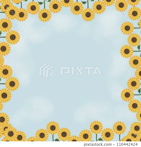 background with square frame with sunflower flower head with leaves, cloud, sky. flat illustration. background with square frame with sunflower flower head with leaves, cloud, sky. flat illustration. 110442424