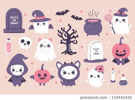 Happy Halloween cute set, pumpkin head, skeleton, ghost, bat and more Happy Halloween cute set, pumpkin head, skeleton, ghost, bat and more 110442426
