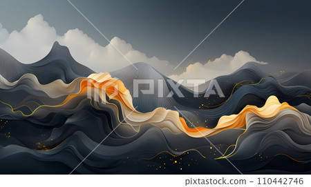 Visualization of waves with mountains and clouds in gray shades and golden color, generative ai 110442746