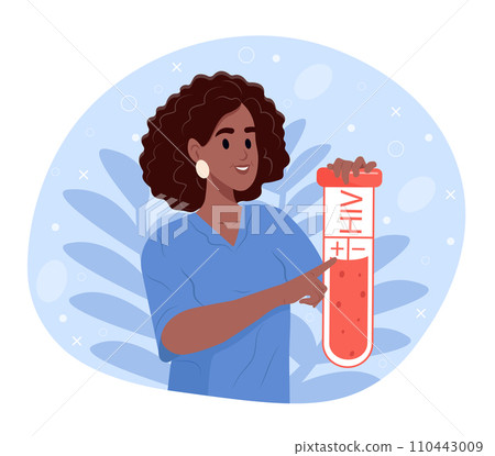 HIV testing day. A young smiling black female doctor holds a tube with blood. Analysis for the prevention of AIDS. Laboratory examination for HIV. June 27. Annual health day banner. 110443009