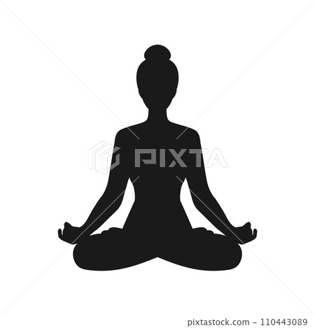 Silhouette of a woman sitting in lotus position. Girl doing yoga and meditating. Meditation and healthy lifestyle. Vector illustration Silhouette of a woman sitting in lotus position. Girl doing yoga and meditating. Meditation and healthy lifestyle. Vector illustration 110443089